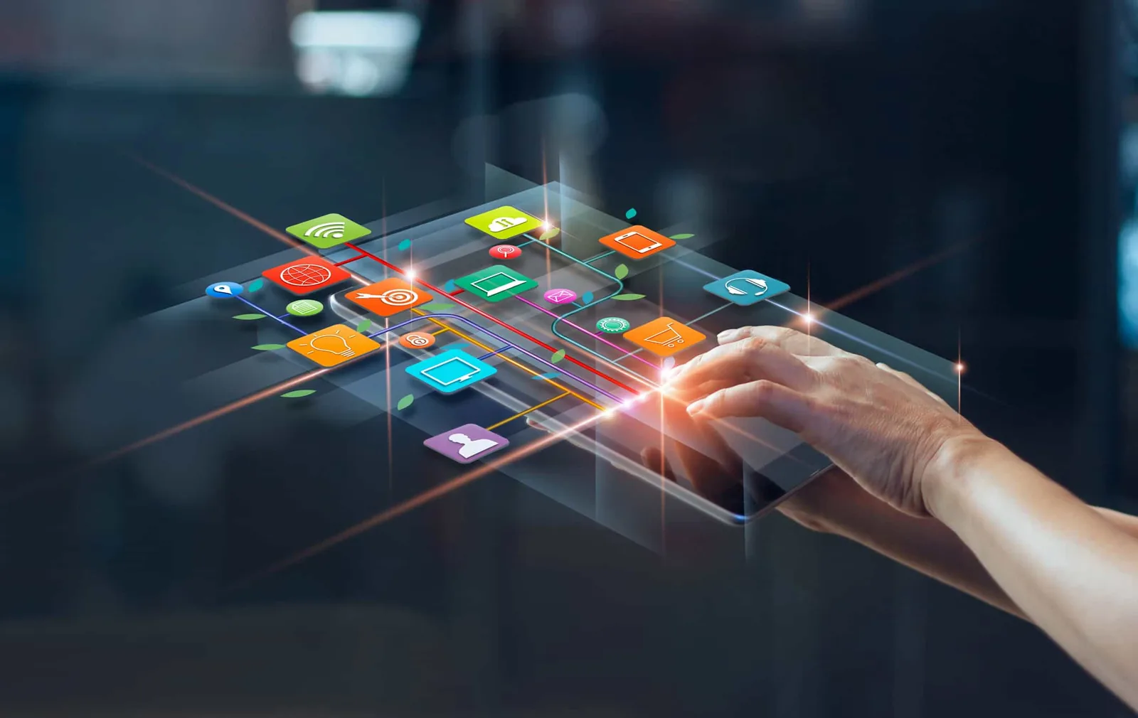 Hand reaching toward floating search and app icons